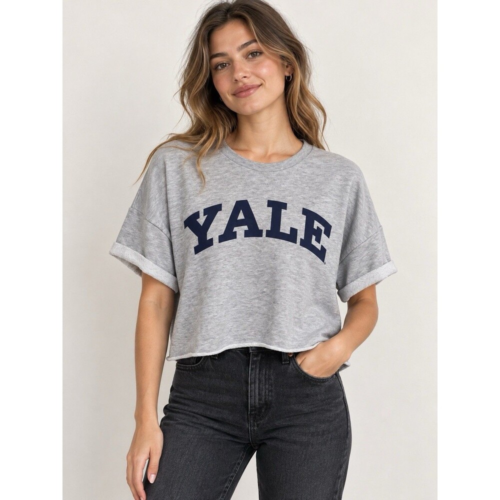 Grayson Threads Yale University Cropped Short Sleeve Sweatshirt Gray Navy XL E